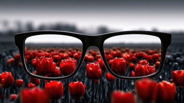 Black Eyeglasses Framing Red Tulip Field With Selective Focus
