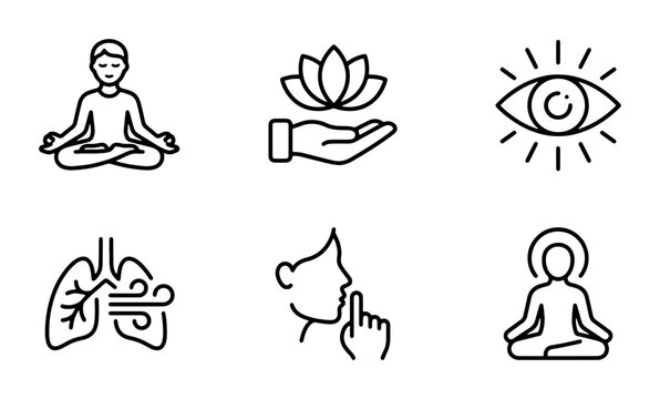 Mindfulness Meditation Icons Set: Zen, Yoga, Breathing, Inner Peace, Serenity, Calmness, Spiritual Well-being