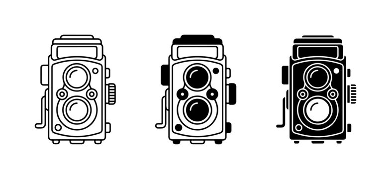 Retro Twin Lens Reflex Camera Icons, Vintage Photography Equipment Vector Set, Classic Camera Graphics
