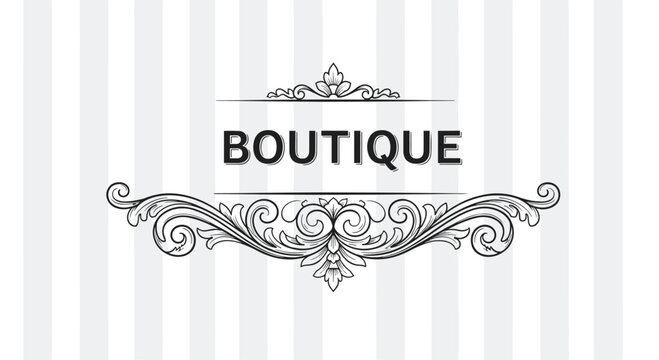 Vintage boutique logo design with elegant black flourishes and scrolls is centered on a light grey striped pattern background.