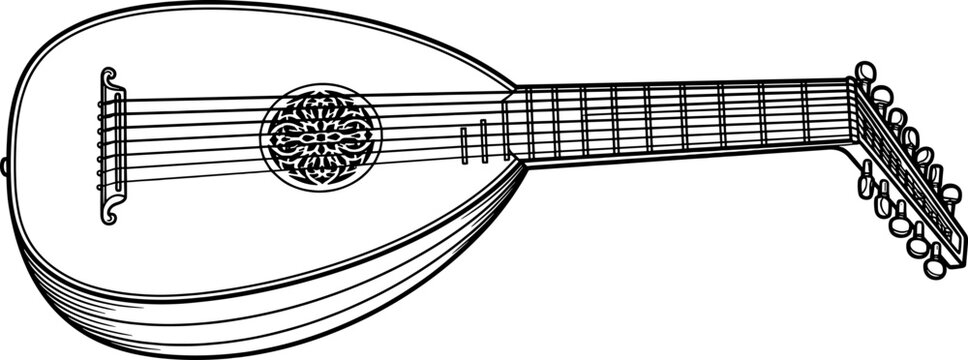 Historical stringed lute showing the rounded back and pegbox from a side view