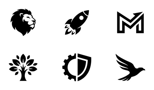 Modern Logo Icons Set: Lion, Rocket, M, Tree, Gear Shield, Bird, Vector Graphics for Branding