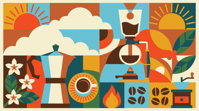 Retro Coffee Mosaic Illustration with Vintage Moka Pot, Syphon Brewer, Espresso Cup, Manual Grinder, Flame, and Abstract Sun Elements