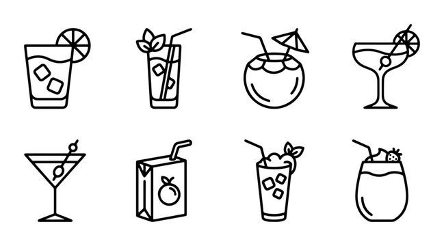 Cocktail Icons Set, Refreshing Drinks Vector Graphics, Summer Beverages Collection, Party Alcohol Liquid