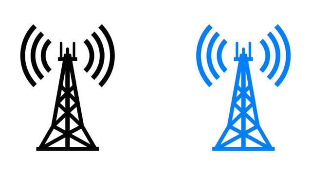 Radio tower icons emitting signal waves for telecommunication and network connectivity in flat vector design