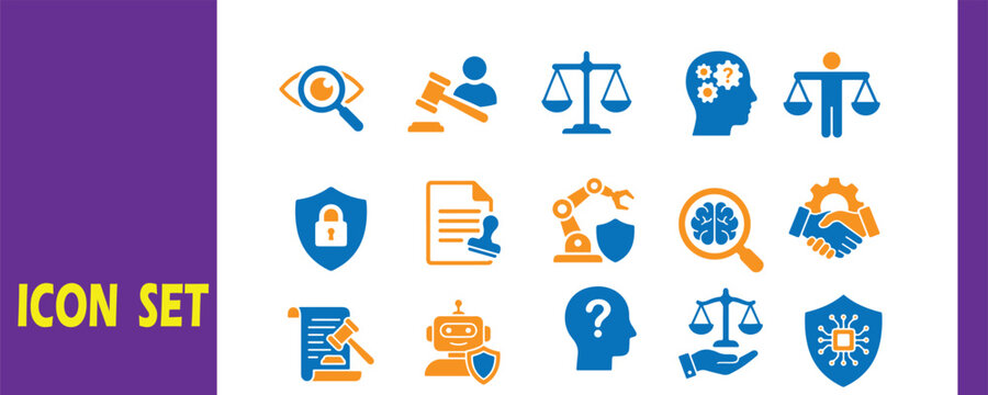 Icon set representing legal business security concepts with magnifying glass data security business security document contract protection technology cogwheel analysis question judgment
