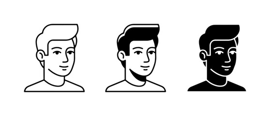 Modern Male Avatars, User Icons, Profile Portraits. Set of 3 Diverse Styles: Outline, Filled, Silhouette. Clean Vector Graphics for Web and Apps. © Neha
