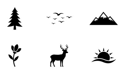 Nature Icons Set: Pine Tree, Birds, Mountains, Flower, Deer, Sunrise, Vector Graphics for Outdoors and Wildlife Themes © Aminul