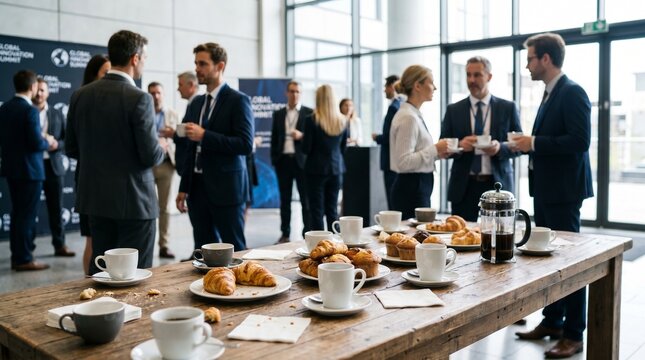 .Corporat networking event during a coffee break. Close-up of a wooden catering table with coffee cups and pastries, with business professionals wearing lanyards talking in a modern bright convention.