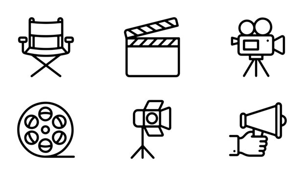 Cinematography Icons Set: Film Director Chair, Clapperboard, Camera, Film Reel, Spotlight, Megaphone. Movie Production Symbols.