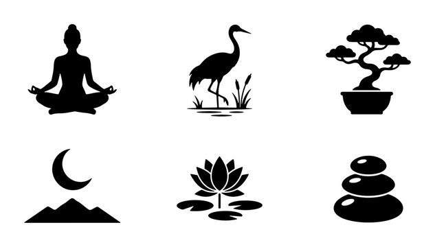 Zen Icons Set: Meditation, Crane, Bonsai Tree, Moon, Lotus Flower, Stacked Stones, Vector Graphics