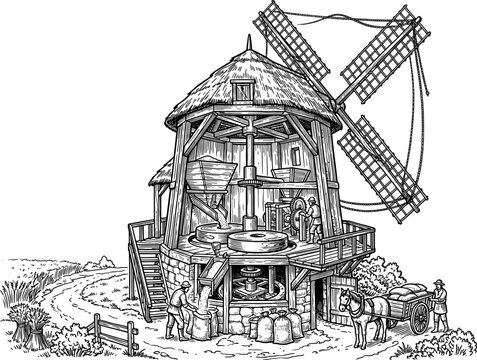 Interior of traditional windmill showing millstones and workers grinding grain