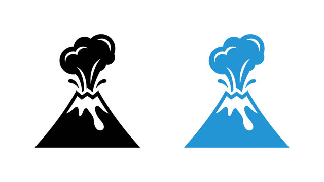 Volcano icons erupting with smoke and lava flow in flat vector style