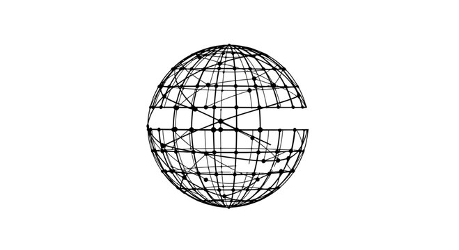 Abstract black and white wireframe globe with interconnected dots, representing global network, technology, and digital communication.