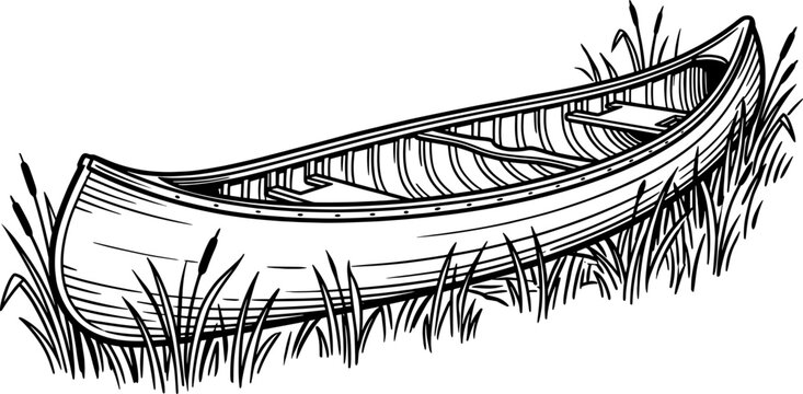 Long wooden canoe tucked into tall marsh reeds