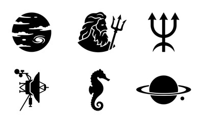 Cosmic Icons Set: Planet, Neptune, Trident, Space Probe, Seahorse, Saturn Vector Graphics for Science and Mythology © Shorna