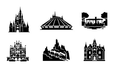 Theme Park Icons, Fantasy Castle, Futuristic Dome, Riverboat Ride, Haunted House, Mountain Coaster, Vector Set © Neha