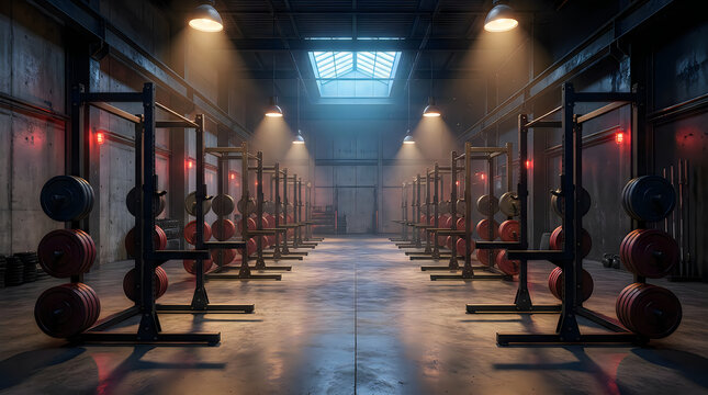 A dimly lit gym with rows of squat racks and weight plates