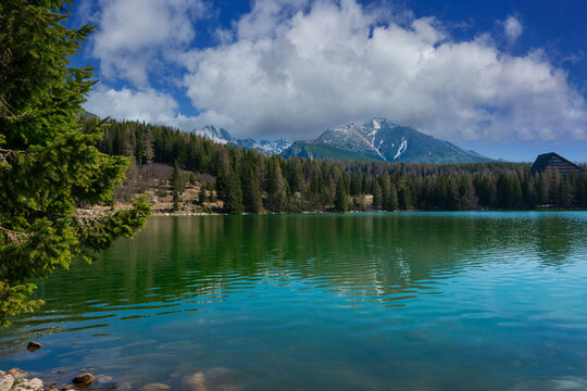 Scenic mountain lake reflection under blue sky. &Scaron;trbsk&eacute; Pleso High Tatras, Slovakia