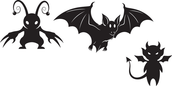 A collection of halloween creatures &ndash; a bat, a devil, and a monster &ndash; presented as striking black silhouettes against