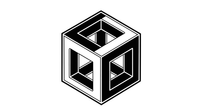 Black and white impossible cube optical illusion graphic. Abstract geometric paradoxical shape line art design element.