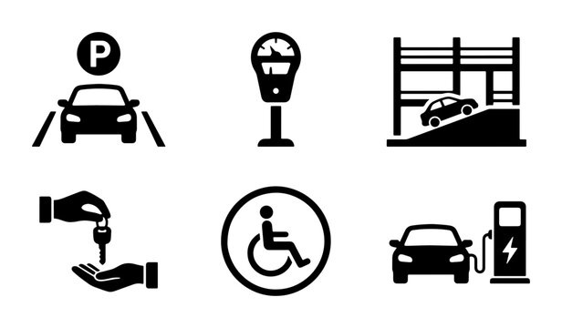 Car Parking Icons Set: Meter, Electric Charging, Valet, Accessible, Garage, Vector Graphics