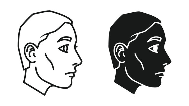 Side profile illustrations of human faces in black and white contrast