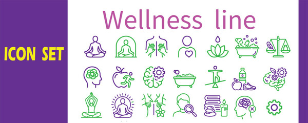 Fototapeta premium Wellness and self-care icons set with meditation and health symbols icon set mental health human body wellness meditation mindfulness relaxation nutrition serenity wellbeing lifestyle