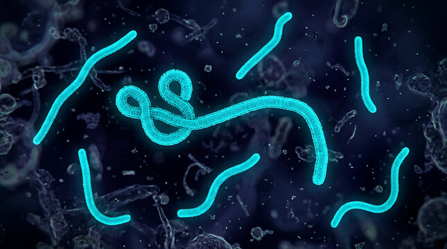 Ebola virus particles with characteristic shepherd s crook shape glowing in a dark microscopic environment, 3d illustration