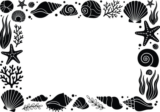 Black and white hand drawn seashell and starfish border frame illustration isolated on transparent background, isolated on white background, Vector