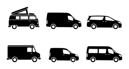 Diverse Van Silhouettes Collection: Camper, Cargo, Passenger, Minivan, Panel Van Icons © Shorna