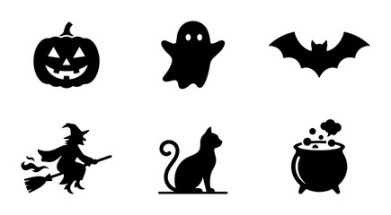 Obraz premium Halloween Icons Set: Spooky Pumpkin, Ghost, Bat, Witch, Black Cat, Cauldron Vector Graphics for Festive Design