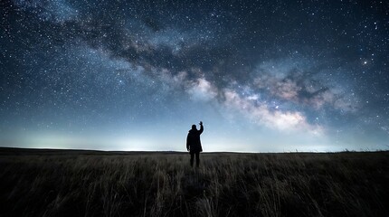 Fototapeta premium Stargazer, Person, Night Sky, Photo, Outdoor, Silhouette View, Cosmic Wonder