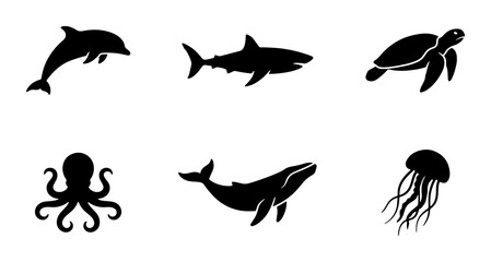 Oceanic Wildlife Silhouettes Collection: Dolphin, Shark, Turtle, Octopus, Whale, Jellyfish Icons for Marine Themes © Shorna