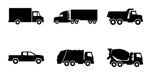 Collection of black truck icons: pickup, box truck, semi-trailer, dump truck, garbage truck, cement mixer © Labiba