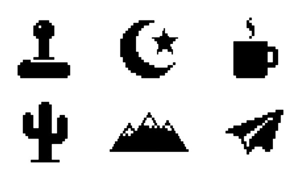 Pixel Art Icons: Joystick, Crescent Moon, Coffee Cup, Cactus, Mountains, Paper Plane, Retro Gaming, Travel, Lifestyle Graphics