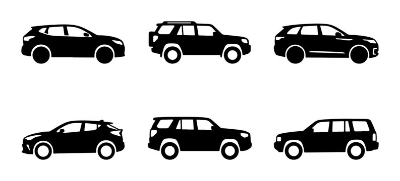 SUV and Crossover Vehicle Icons Set, Black Silhouette Cars Collection for Automotive Design and Transport Concepts