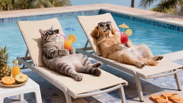 Funny cat and golden retriever relaxing with tropical cocktails beside luxury swimming pool during sunny summer vacation resort