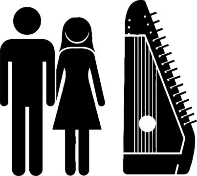 Man and woman standing by a traditional harp