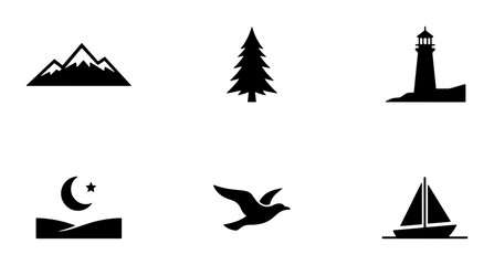 Nature Landscape Icons Set: Mountains, Tree, Lighthouse, Moon, Bird, Sailboat Vector Graphics for Outdoor and Travel Themes © Tamim