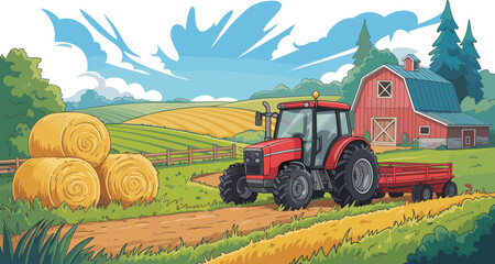 Rural farm landscape vector cartoon illustration with red tractor hay bales and barn isolated on white background © Habiba