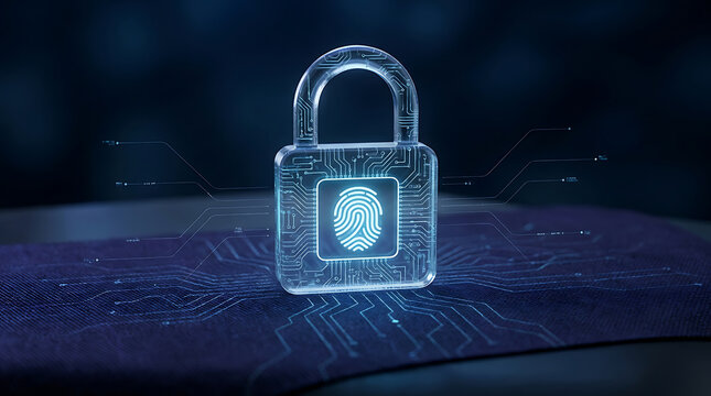 Digital padlock with a glowing fingerprint scanner icon and circuit board lines representing cybersecurity and biometric data protection
