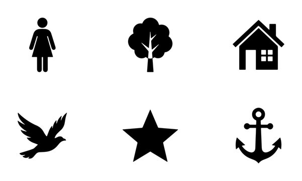 Simple Black Icons Set: Woman, Tree, House, Bird, Star, Anchor. Universal Symbols for Design.