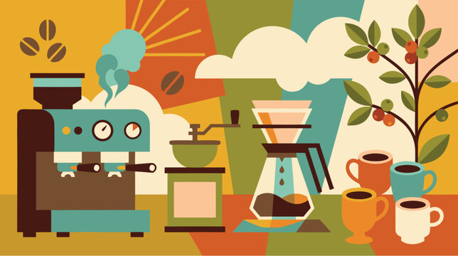 Retro Coffee Brewing Illustration with Vintage Espresso Machine, Manual Hand Grinder, Pour Over Chemex Glass, Cups, and Coffee Plant Branch