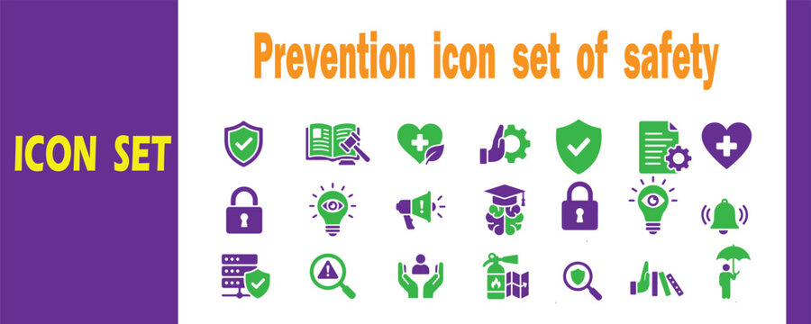 Prevention icon set of safety security health symbols with magnifying glass first aid prevention security protection checklist document lightbulb umbrella calculator business illustration