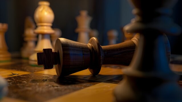 Cinematic fallen chess king on wooden board, dramatic checkmate in strategic game, dark moody lighting on classic chess pieces