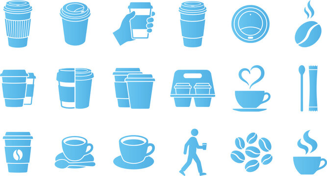 Blue coffee cup and beverage icons for cafe and refreshment concepts.