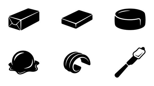 Black and White Butter Icons Set: Food Ingredients, Dairy Products, Culinary Graphics, Cooking Elements, Vector Illustrations