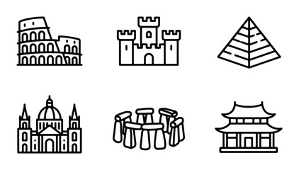 Naklejka premium Iconic Landmarks Collection: Ancient Wonders, Castles, Pyramids, and Temples Vector Set for Travel and History