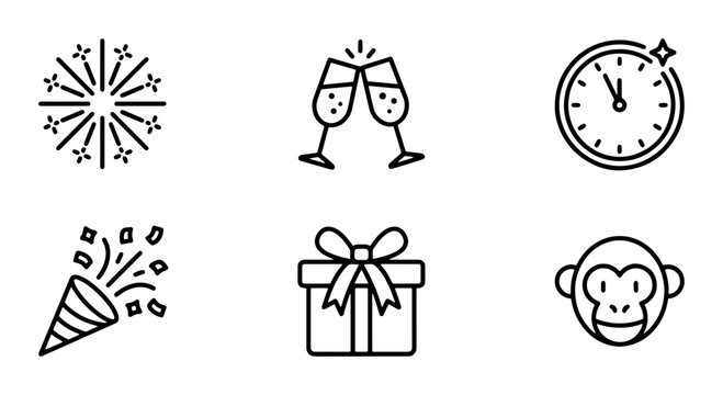Celebration Icons: Fireworks, Toasting Glasses, Clock, Party Popper, Gift Box, Monkey Face Vector Set